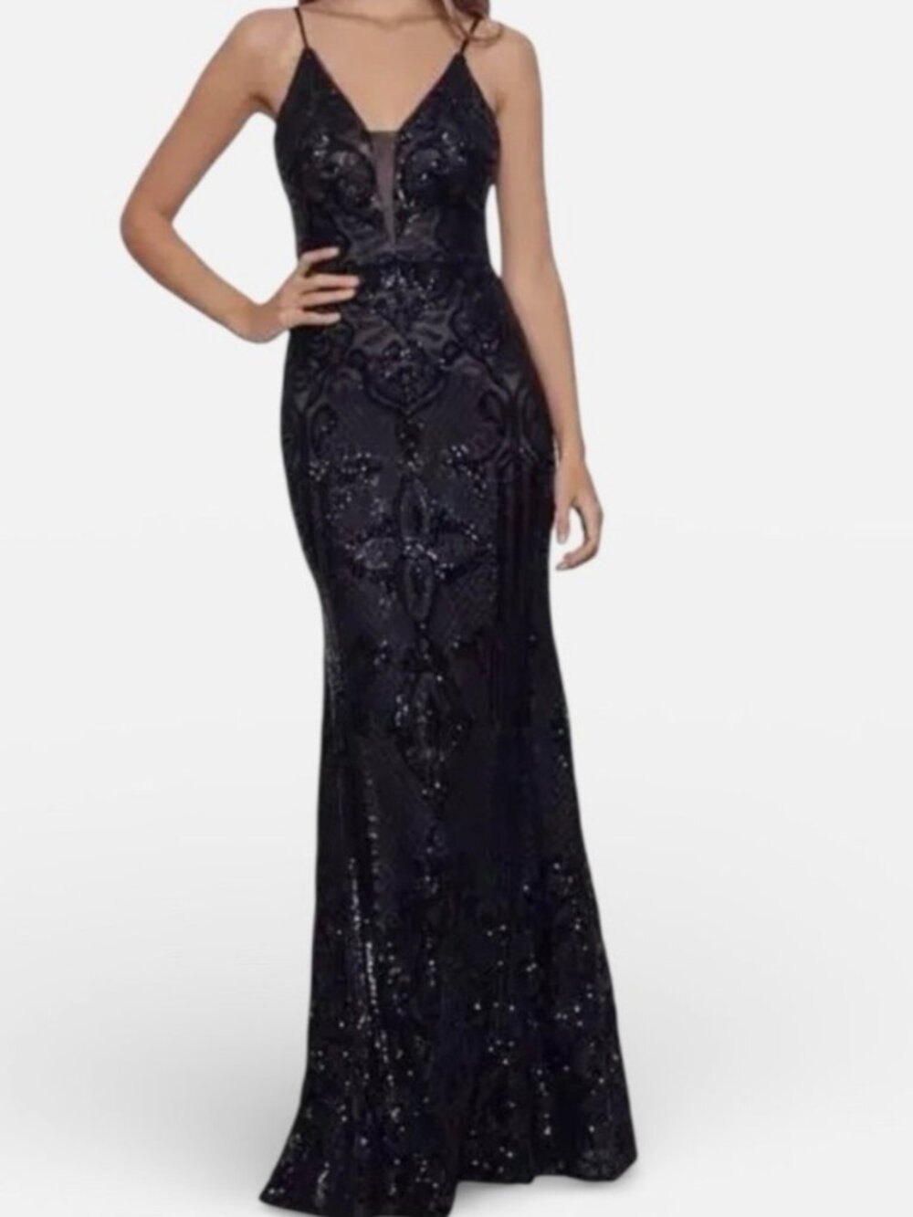 Betsy & Adam black sequin gown, illusion lining